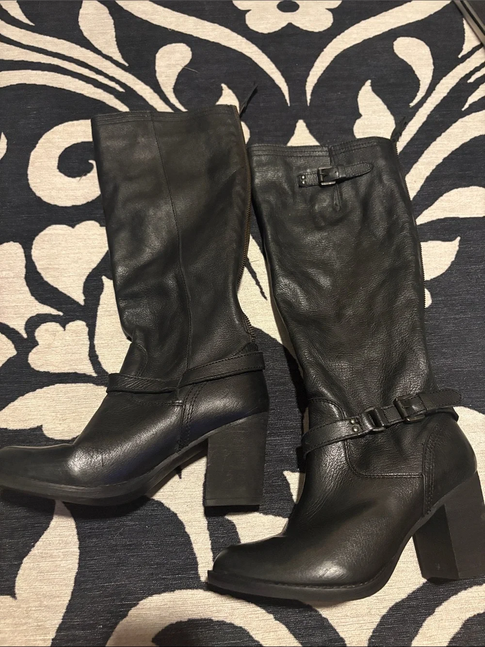 Women's Black Leather Block Heel Boots